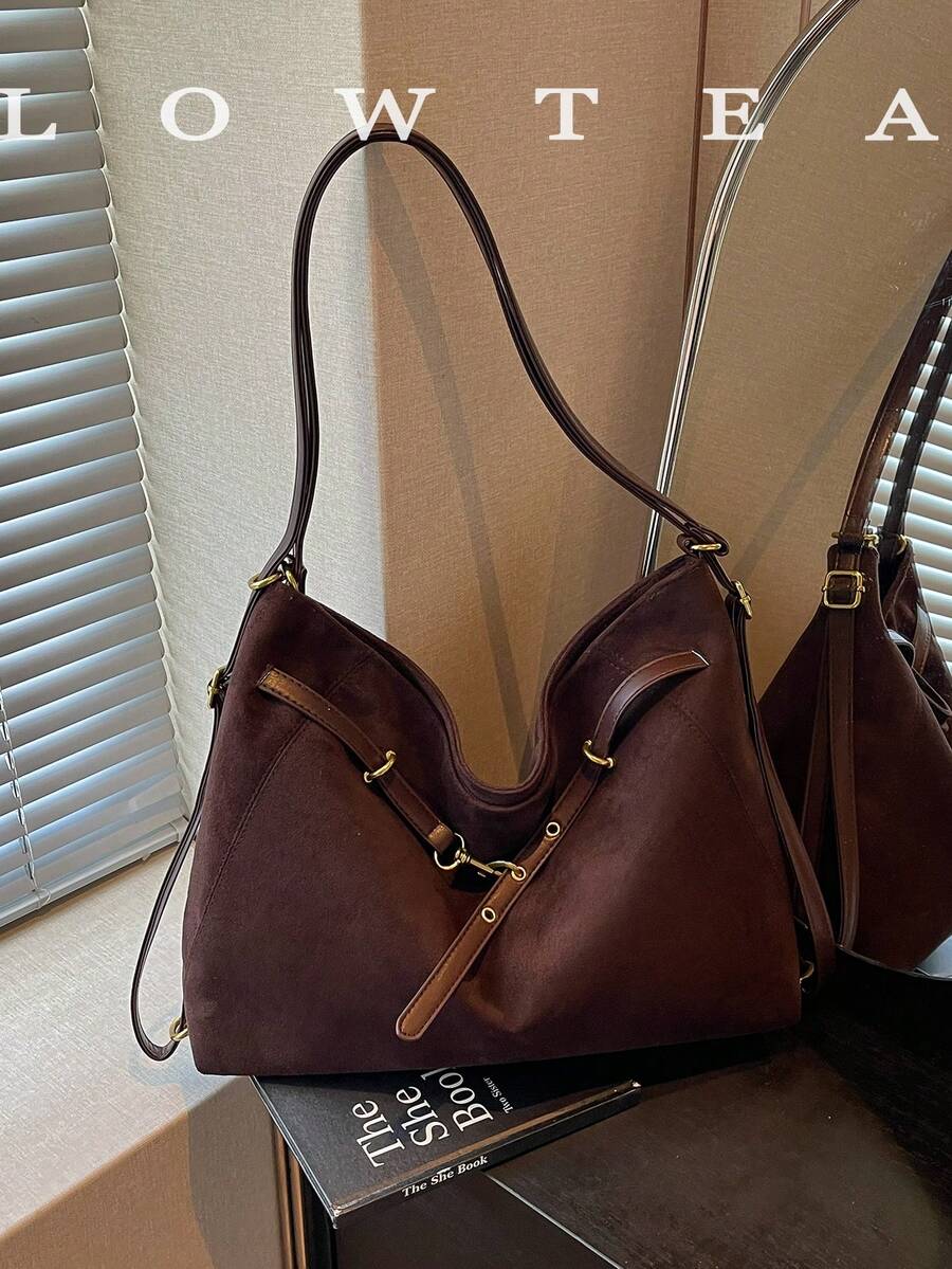 low tea 1pc Suede Fabric Shoulder Bag With Adjustable Strap, Suitable For Commuting, Shopping And More