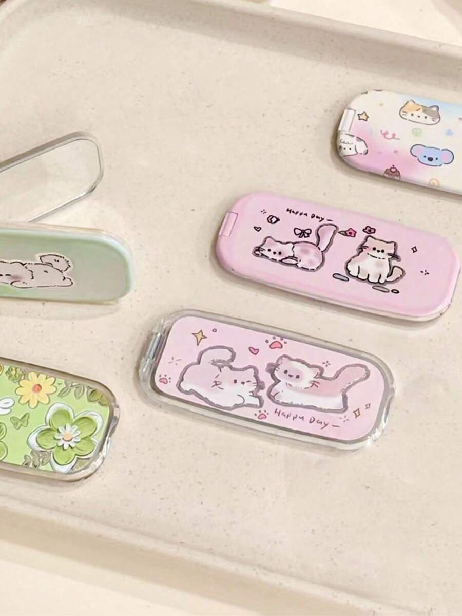 1pc Korean Cartoon Doodle Cat Sticker Mirror Stand, Suitable For Phone Case, Tablet, Desktop Makeup Mirror Decoration - Multicolor - View 1