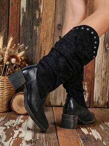 1 Pair Women's Square Toe Chunky Heel Black Patchwork High Shaft Casual Fashion Boots - Black - View 4