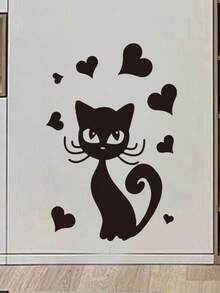 Cute Black Cat Heart-Shaped Wall Decal, Removable Vinyl Wall Sticker, Cartoon Pet Cat Children's Mural For Bedroom, Refrigerator, Cabinet, Home DIY Decor - D - View 7