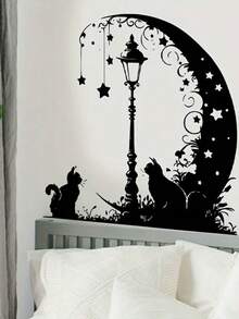 Black Moon Aesthetic Pattern Street Lamp Cat Wall Sticker, Decorative Bedroom Living Room Kitchen Dining Room Self-Adhesive Painting, Removable PVC Wall Decal - B - View 7