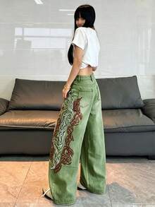1件女款寬鬆刺繡寬腿牛仔褲，舒適休閒高街時尚丹寧長褲（不含腰帶/配件）秋季 - 綠色 - 查看 10