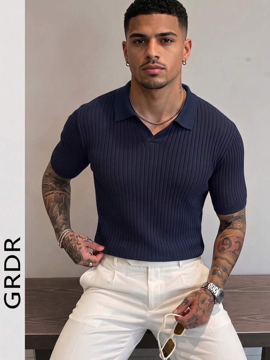 GRDR Men's Summer Solid Color Polo Collar Short Sleeve Knit Sweater, Suitable For Summer Outings, Essential For Fashionable Styling