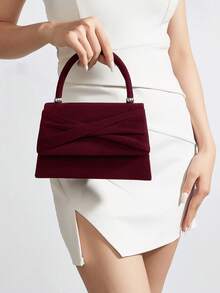 REMANLAND Vintage Velvet Handbag, Burgundy Envelope Style Bag With Layered Cross-Over Flap, Elegant Evening Accessory, Suitable For Weddings And Evening Parties - Burgundy - View 2
