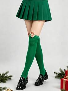 4/3/1 Pairs Christmas Striped Solid Color Bow Pom Pom Deer Head Green Red Cute Holiday Over Knee Thigh High Socks - Multicolor - View 8