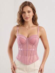 Women's Solid Color Corset-Style Backless Mesh Camisole With Bra, Autumn/Winter Lingerie Casual Pink Summer - Pink - View 8