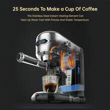 HiBREW H11 halvautomatisk espressomaskin i rostfritt stål, 1,1 l vattentank med stor kapacitet som kan tas loss, 10 s förbryggning för fullständig extraktion, kompatibel med ESE-kapslar och kaffepulver, automatisk avstängning efter 15 minuter - EU F-typkontakt (220-240V) - Visa 6