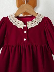 1pc Burgundy Velvet Lace Collar Long Sleeve Dress For Baby Girls, Front Button Vintage Palace Style High Waist A-Line Dress - Burgundy - View 6