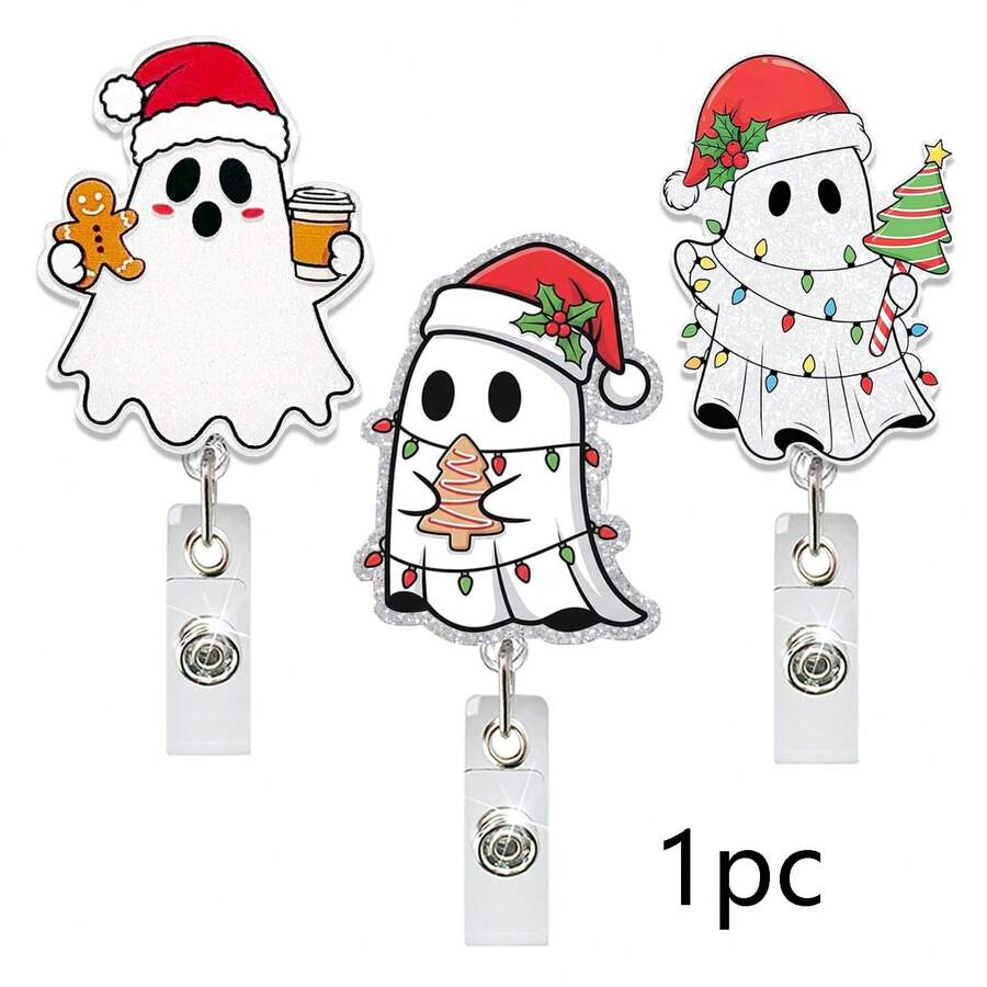1pc Christmas Retractable Badge Reel, Christmas Ghost, Christmas Tree, Gingerbread Man Pattern Retractable Card Holder, Suitable For Nurses, Doctors, Teachers, Back To School, Halloween, Christmas - A - View 1