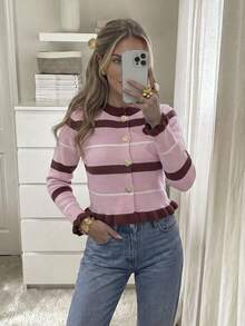 女款秋冬休閒優雅荷葉邊飾彩色條紋對比領開襟針織上衣，外出穿搭、返校服裝、度假穿搭 - 粉色 - 查看 9