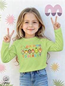 Girls Cotton Raglan Long Sleeve Tee For Fall Winter, Cartoon Print With Rainbow Stars Hearts, Cute Sweet Preppy Style - Fruit Green - View 2