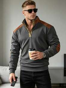 Men's Casual Half-Zip Patchwork Long Sleeve T-Shirt T-Shirt - Dark Grey - View 2