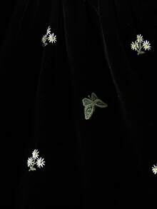 1pc Baby Girl Peter Pan Collar Green Velvet Butterfly Daisy Embroidered Vintage A-Line Black Dress - Black - View 6