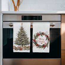 2 Buah Handuk Dapur, Motif Pohon Natal & Karangan Bunga, Gaya Minimalis 40*60cm Handuk Dapur Mikrofiber Persegi Panjang, Kain Lap Piring, Taplak Meja, Handuk Tangan, Dekorasi Dapur Natal, Dekorasi Rumah, Hadiah Pindah Rumah untuk Tetangga, Serbet Dapur & Kain Lap Piring, Dekorasi Rumah, Hadiah, Sempurna untuk Penggunaan di Dapur dan Kamar Mandi - Putih - View 5