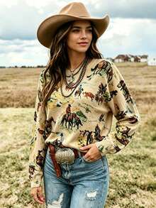 VEXHEIMA Western-Style Women's Fashionable Retro-Print Denim-Patterned Color-Blocked Animal And Geometric Print Round-Neck Long-Sleeve Casual Sweater - Multicolor - View 4