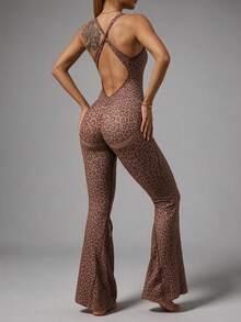 1pc Leopard Print Twisted Hollow Back Deep V Flare Leg Jumpsuit Set, Brown Jumpsuit, Pink Jumpsuit - Brown - View 4