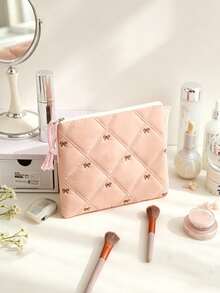 Quilted Embroidery Bow Hand‑Held Makeup Bag, Large Capacity Makeup Bag Set, Travel Toiletry Bag, Sanitary Napkin Storage Bag, Coin Purse,Zipper Wallet - Pink - View 11