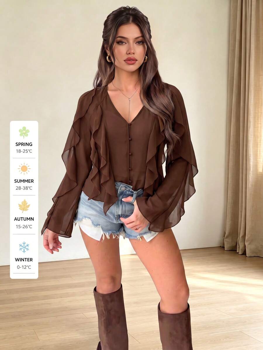 Camisa beige versátil, casual y de oficina con volantes asimétricos y semitransparentes, adecuada para citas, uso diario, vacaciones en la playa. Los volantes añaden suavidad, se puede combinar con vaqueros para looks festivos y con faldas para ir a la oficina de manera elegante. - Marrón - Ver 1