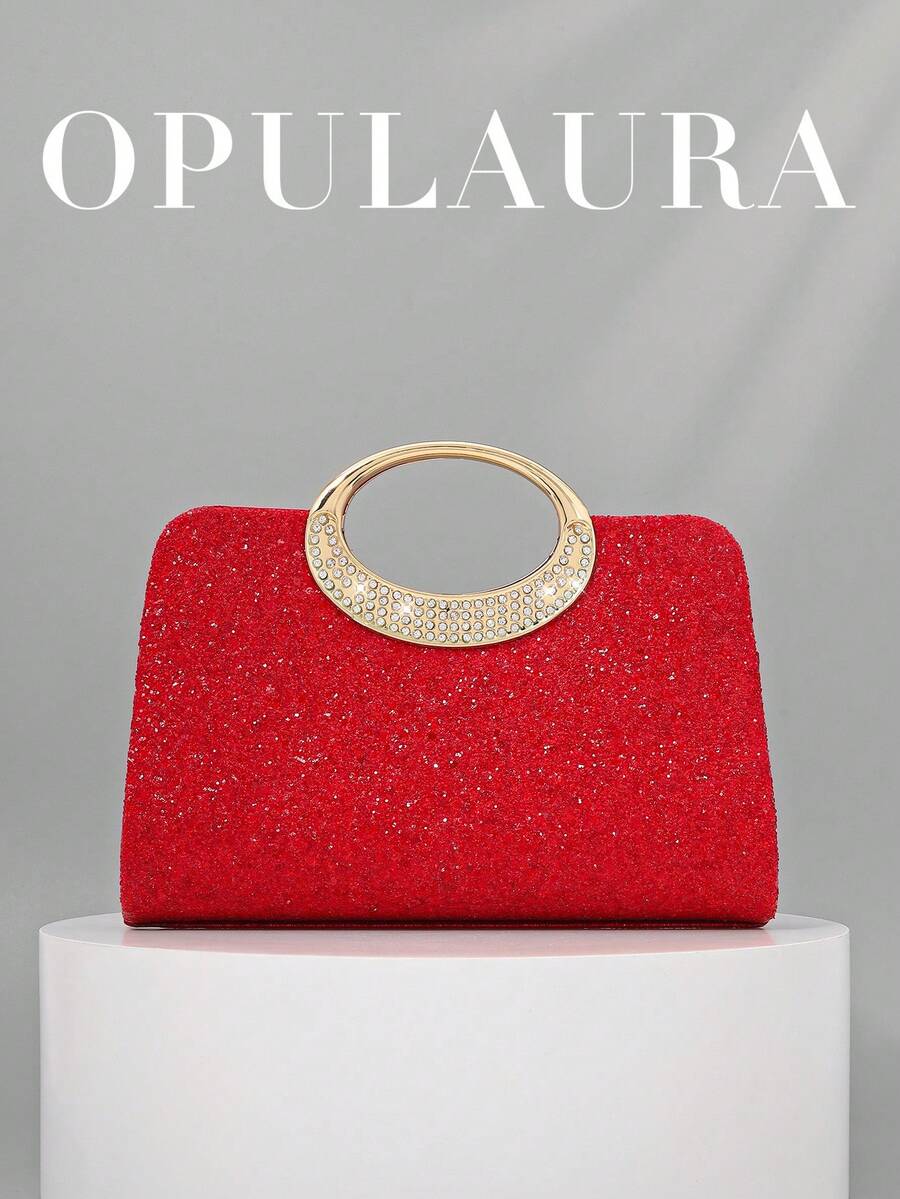 OpulAura 水钻装饰时尚女士晚装包,闪亮奢华钻石镶嵌手拿包,适合晚会、派对、舞会、生日、婚礼作为礼物 - 紅色 - 查看 1