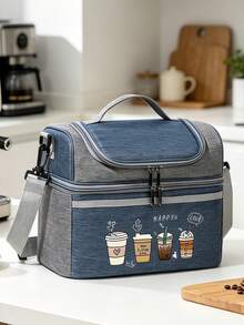 Four Cups Of Coffee Print Lunch Bag With Insulated, Dual-Compartment Lunch Bag With Shoulder Strap, Practical, Versatile Gift For Family And Friends - Multicolor - View 2