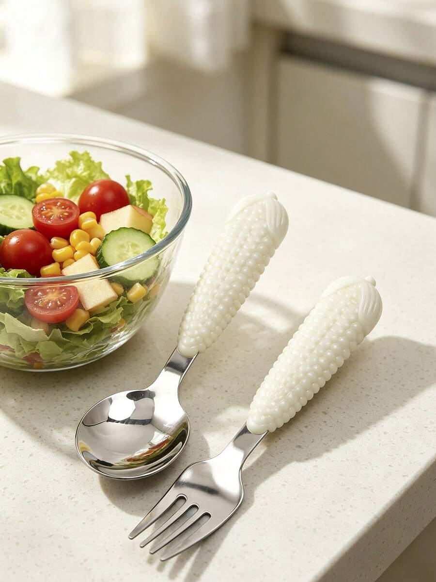 1pc/2pcs Creative Corn-Shaped Handle 304 Stainless Steel Spoon & Fork Set, Reusable Home Dessert Spoon And Salad Small Fork, Suitable For Salad, Ice Cream, Cake, Dessert And Fruit Elegant Small Tableware - View 1
