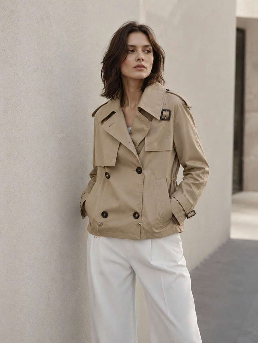 Short Trench Coat, Button Closure, Elastic Drawstrings At The Bottom Of The Jacket - Khaki - View 1