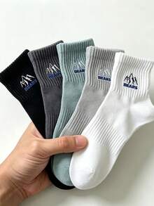 1/5 Pairs Men's Snow Mountain Letter Solid Color Short Socks, Sweat-Absorbent Breathable Casual Sports Socks, Suitable For Daily Wear, Sports, Back To School Season, All Seasons - Multicolor - View 1