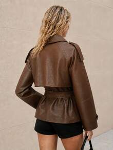 Women's Brown PU Leather Trench Coat With Belt And Double Buttons, Lapel Design, Suitable For Autumn Fashion Wear - Coffee Brown - View 11