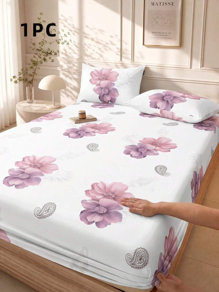 1pc Pink Floral Paisley Pattern Bed Sheet, Fashionable Country Style Mattress Protector, Fresh And Elegant, Soft And Breathable, -Double, Full, Queen, Standard Size, Fits 11.8 Inch Deep Mattress, Bed Cover, Breathable And Wrinkle-Resistant, Machine Washable. Back To School Season, Dorm Essential - Mauve Purple - View 1