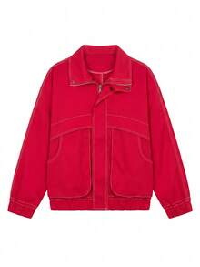 Women's Pure Red Drop Shoulder Baseball Jacket, Casual Loose Street Style Top, Suitable For Spring And Autumn - Red - View 5