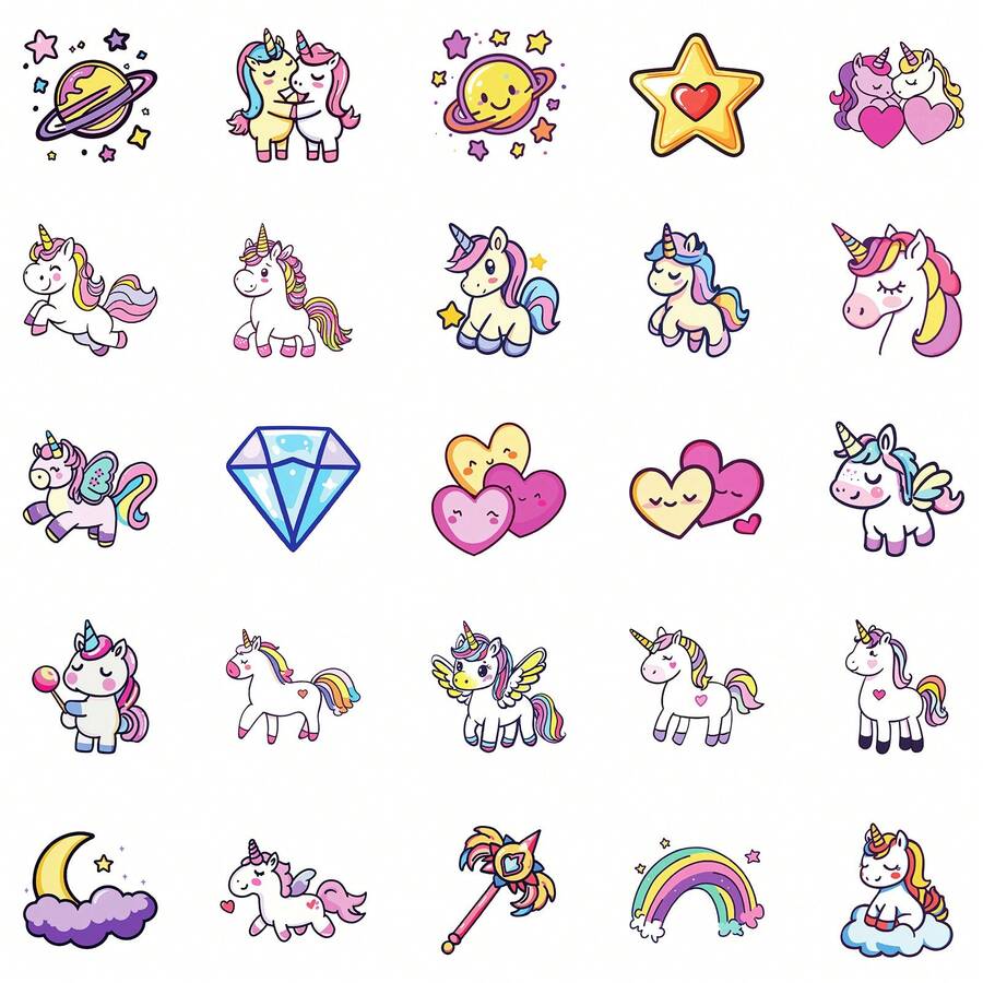 50張可愛彩色獨角獸塗鴉貼紙 - 彩色 - 查看 1