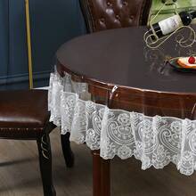 1pc Transparent PVC Round Tablecloth With White Lace Trim, Waterproof Oil-Proof Clear Table Cover, Decorative Table Mat For Home Kitchen Dining Table - Beige - View 4