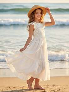 Vestido largo de niña preadolescente con parches de encaje floral calado - Blanco - Ver 5