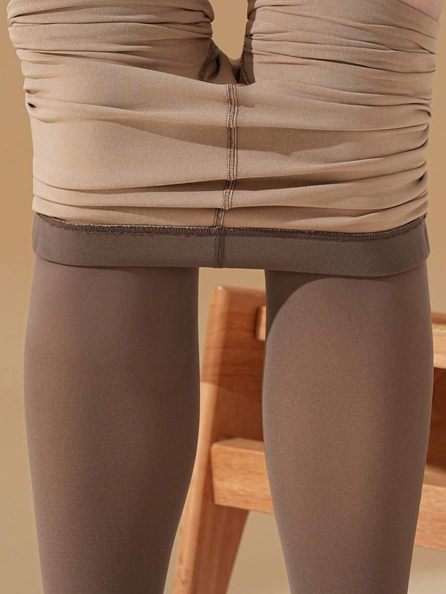 1 Pair Of Women's Plussize Fake Skin-Through Tights, Coffee Color Single Layer Without Velvet, Suitable For Daily Home And Outdoor Commuting To Work - Coffee Brown - View 1