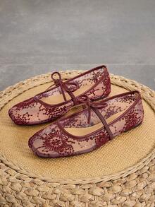 Women's Burgundy Flat Ballet Shoes With Bow Decor, Embroidered Mesh Hollow Out Breathable Square Toe Sequin Comfortable Mary Jane Sandals For Summer - Burgundy - View 2
