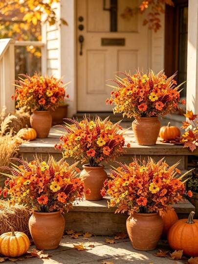 4 Bundles Of Autumn Artificial Flower Bouquets, Autumn Floral Decoration, Outdoor Hanging Flower Baskets, With UV Protection And Fade-Resistant Features, Presenting Realistic Autumn Plant Appearance, Suitable For Indoor Home Decor, Garden, Yard, Fireplace, Porch And Windowsill, As Well As Outdoor Yard, Patio, Porch And Other Locations.