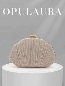 OpulAura 女款極簡貝殼造型奢華 PU 皮革晚宴手拿包，優雅迷人的晚宴包，亮面派對包，適用正式場合、雞尾酒會、浪漫婚禮，附鏈條背帶 - 金色 - 查看 1