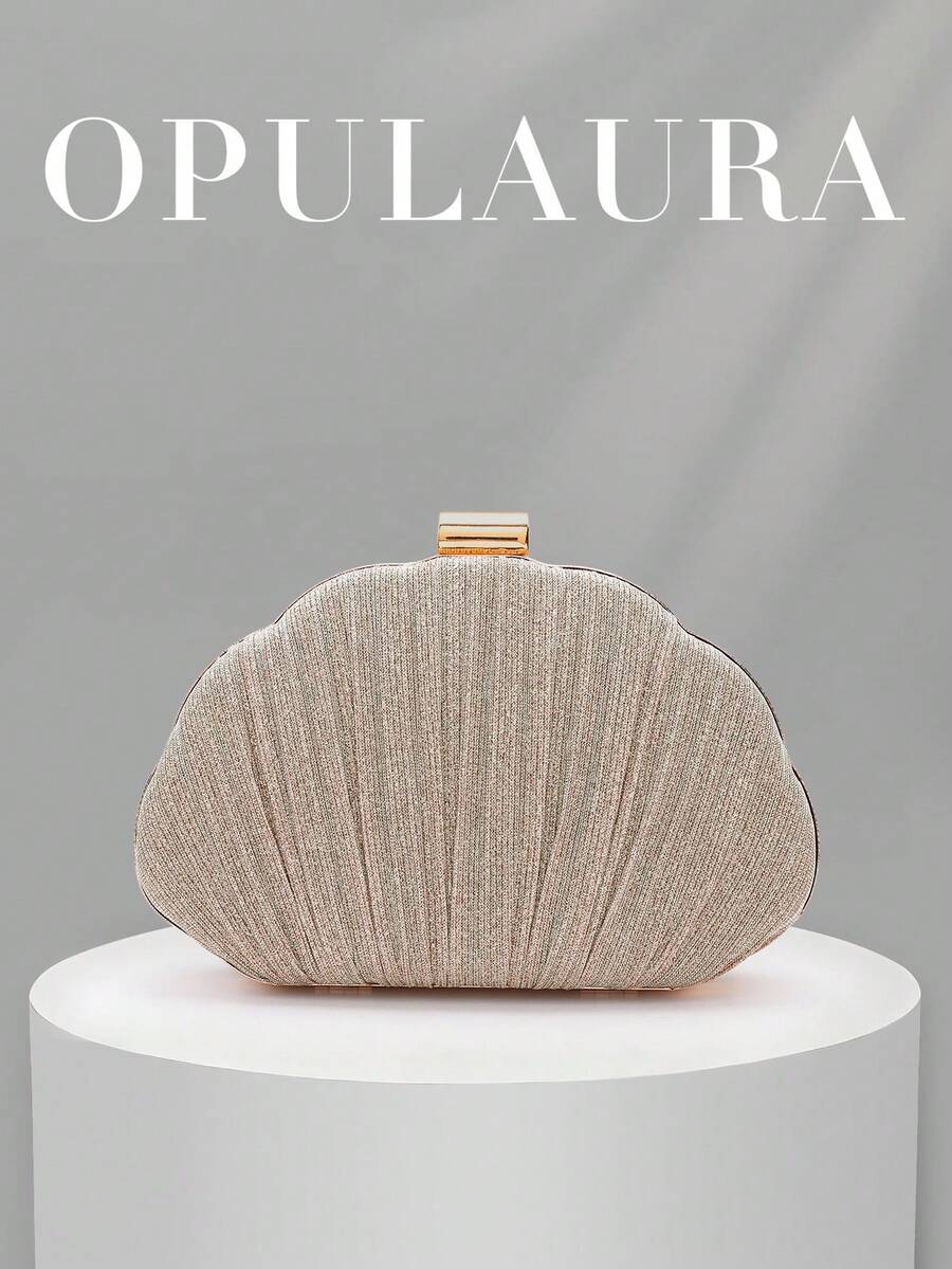 OpulAura 女款極簡貝殼造型奢華 PU 皮革晚宴手拿包,優雅迷人的晚宴包,亮面派對包,適用正式場合、雞尾酒會、浪漫婚禮,附鏈條背帶 - 金色 - 查看 1
