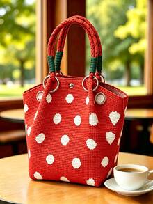 Classic Colorblock Polka Dot Casual Versatile Artistic Bucket Bag, Multi-Functional Daily Commute Handbag, Suitable For Niche Shopping And Dating - Red - View 7
