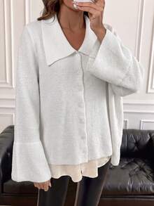 Women's White Knitted Cardigan With Turn-Down Collar And Flared Sleeves, Fashionable Button-Front Regular Fit Top For Autumn - White - View 8