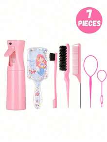 7pcs/1set Children's Cute Cartoon Square Comb & Spray Bottle Set, Cartoon Eiffel Tower Print Anti-Static Plastic Comb, Portable Pattern Hair Pin, High-Pressure Atomizing Spray Bottle, Suitable For Children, Normal Hair, Durable ABS Handle, Cute Square Design, Hair Styling Tool Set - Multicolor - View 6