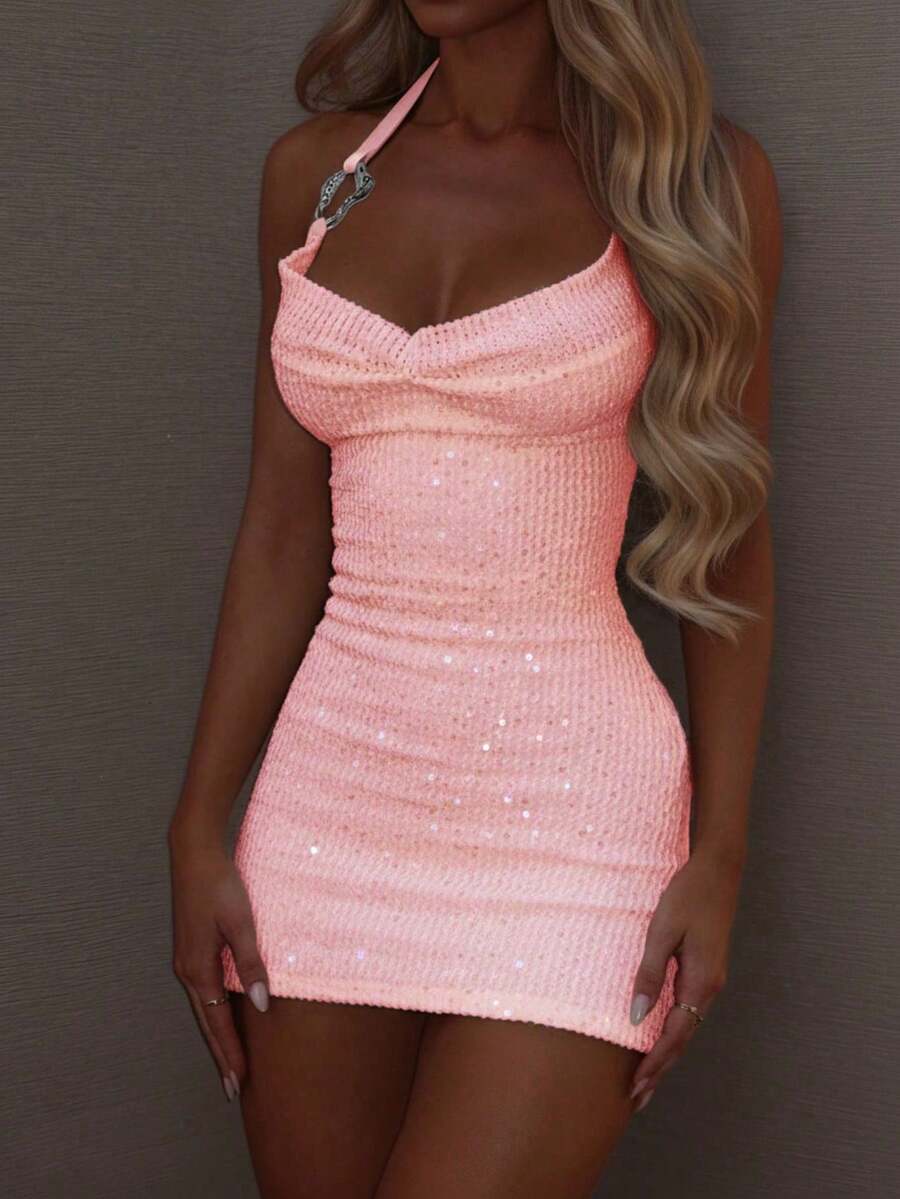 Pink Sequin Jacquard Knit Strapless Backless Bodycon Mini Dress, Women's Elegant Sexy V-Neck Short Dress, Suitable For NOVELA MINI, Suitable For Autumn/Winter, Halloween, Christmas, Party, Suitable For Music Festival, Wedding Season, Vacation Back To School Party Outfits Sparkling Glam