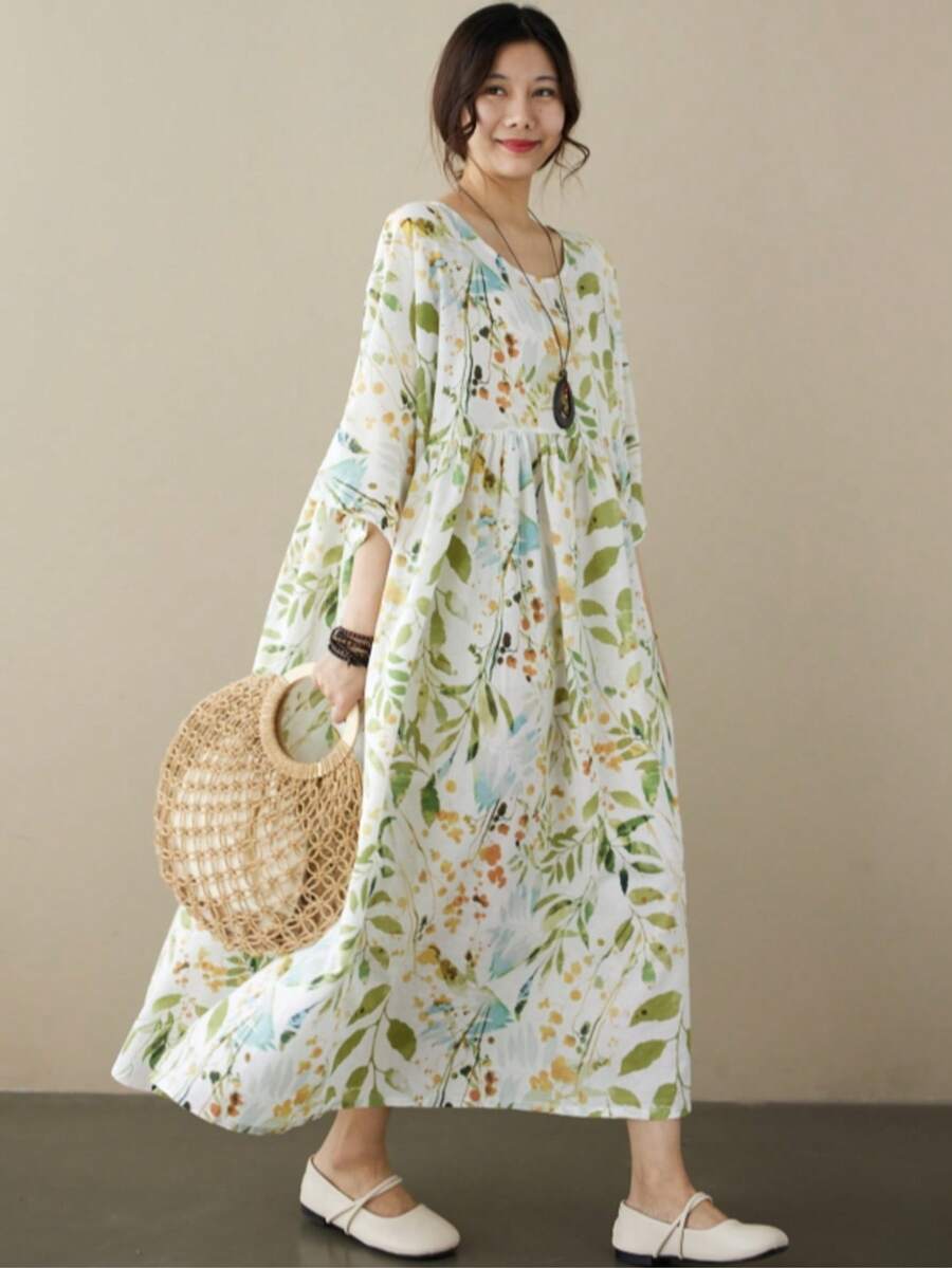 AZAH Tops 女款夏季波西米亞印花 A 字洋裝，圓領短袖洋裝，梭織布料，附口袋，隨機印花，寬鬆優雅度假風 - 綠色 - 查看 1