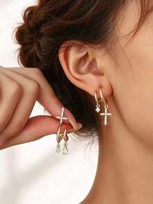1 Pair Women's Cross Stud Earrings, Exquisite Water Drop AP Design, Unique Style, Fashionable Sweet And Cool, Suitable For Parties, Dates, Christmas, Easter - Yellow Gold - View 1