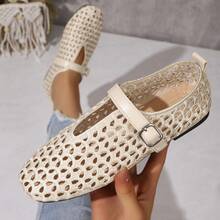 Summer New Fashion Women's Mary Jane Shoes, Buckle Square Toe Soft Sole Hollow Breathable Embroidered Low-Top Shoes - Beige - View 7