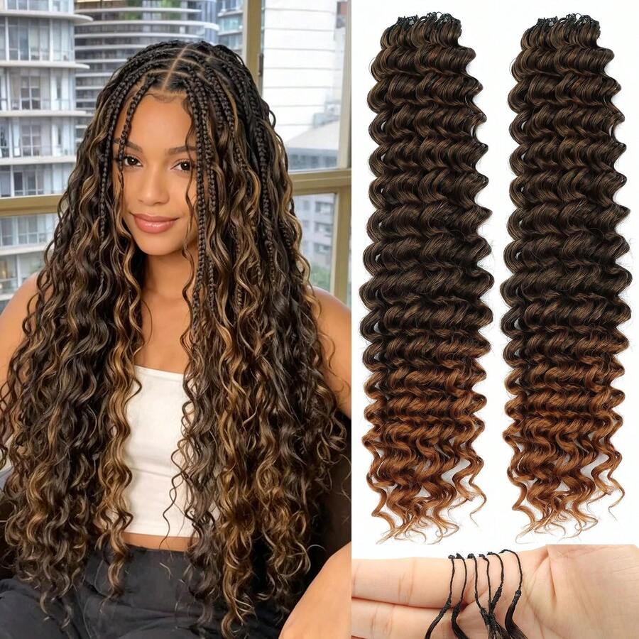 Ekstensi Rambut Kepang Bulu Pra-Segmen 18 Inci untuk Wanita, 50 pcs/90 g Kepang Bohemian Gelombang Dalam dan Gelombang Air, Bundel Rambut Bulu Tak Terlihat untuk Kepang, Pilinan, Penambah Volume, Cocok untuk Pemakaian Sehari-hari, Pesta Liburan