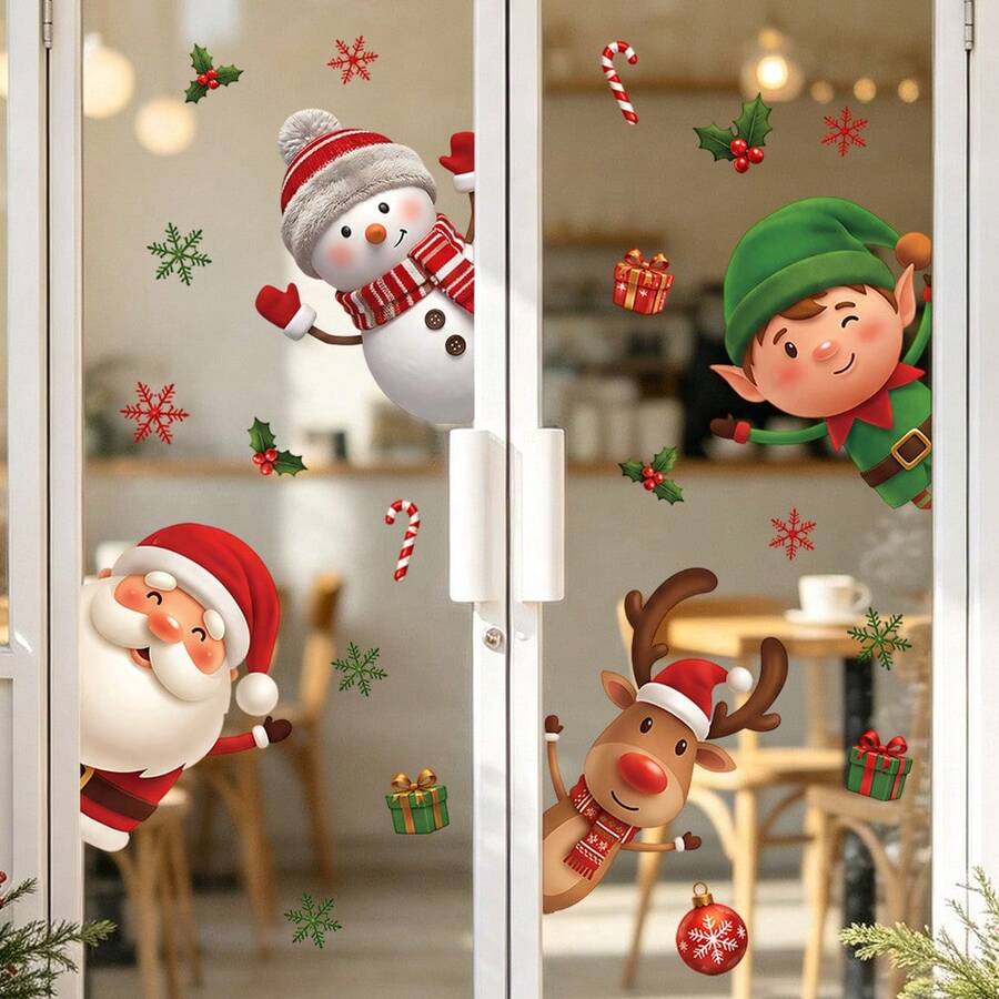 1 Set 4 Blatt statische Fensteraufkleber mit Cartoon-Motiven, wiederverwendbare Fensteraufkleber ohne Kleber, Weihnachtsmann, Rentier, Elf, Schneemann Aufkleber für Weihnachtsglas, Tür, Feiertagsdekoration - Verschiedenfarbig - Übersicht 1
