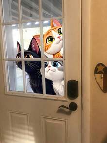 1pc Curious Three Cats Window Sticker, Cute Black, Orange And Grey Kittens, Removable Static Window Decal For Reading Nook Or Bedroom Windowsill With Books, Cottagecore Theme Art, Halloween Home Decor, School Decoration - Multicolor - View 3