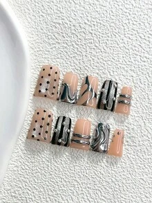 10件裝復古波點手工穿戴甲，Polygel美甲套組，鋼珠裝飾，黑銀色指甲油，裸色調平價奢華風，附美甲工具，3種尺寸可選，杏仁/鴨嘴/棺材形，適合派對、跳舞、日常配戴 - 彩色 - 查看 17