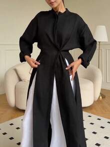 Women's Minimalist Casual Stand Collar Long Sleeve High Slit Robe Top, Solid Color Front Button Waist Tie High Slit To Thigh, Daily Wear And Dating - Black - View 8